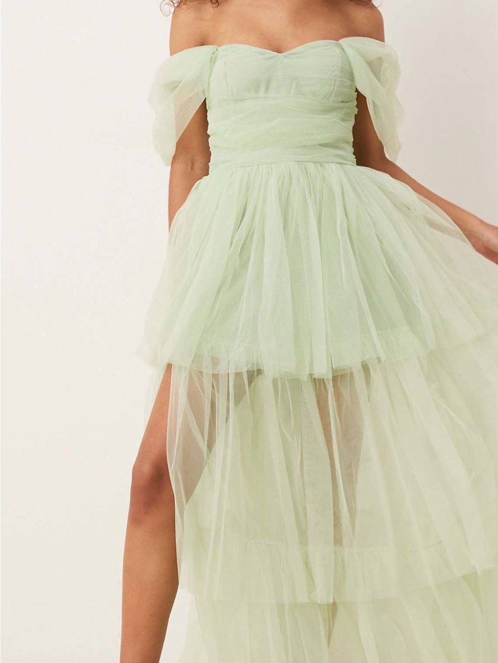 Off-Shoulder Mint Green Tulle High-Low Dress